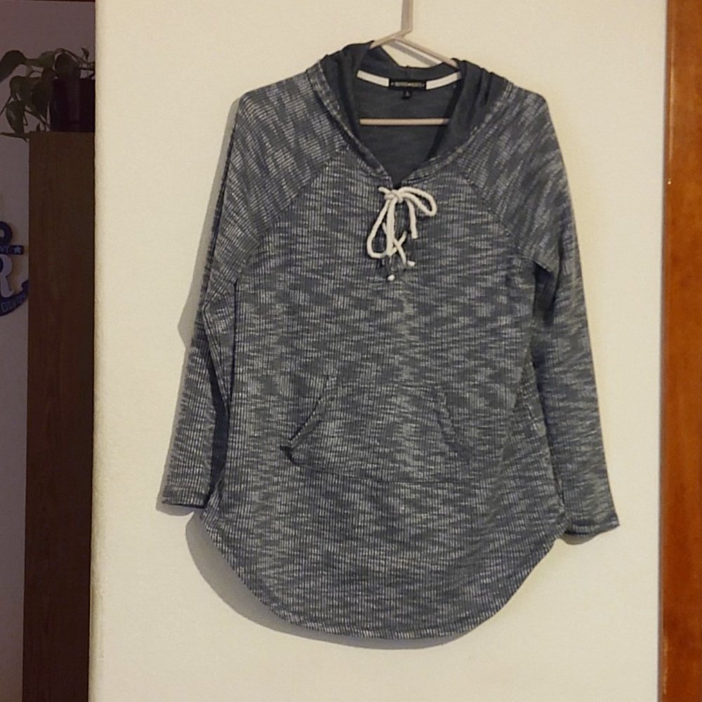 WOMEN'S THERMAL KNIT PULLOVER HOODED KANGAROO POCKET GREEN WHITE SIZE LARGE TOP